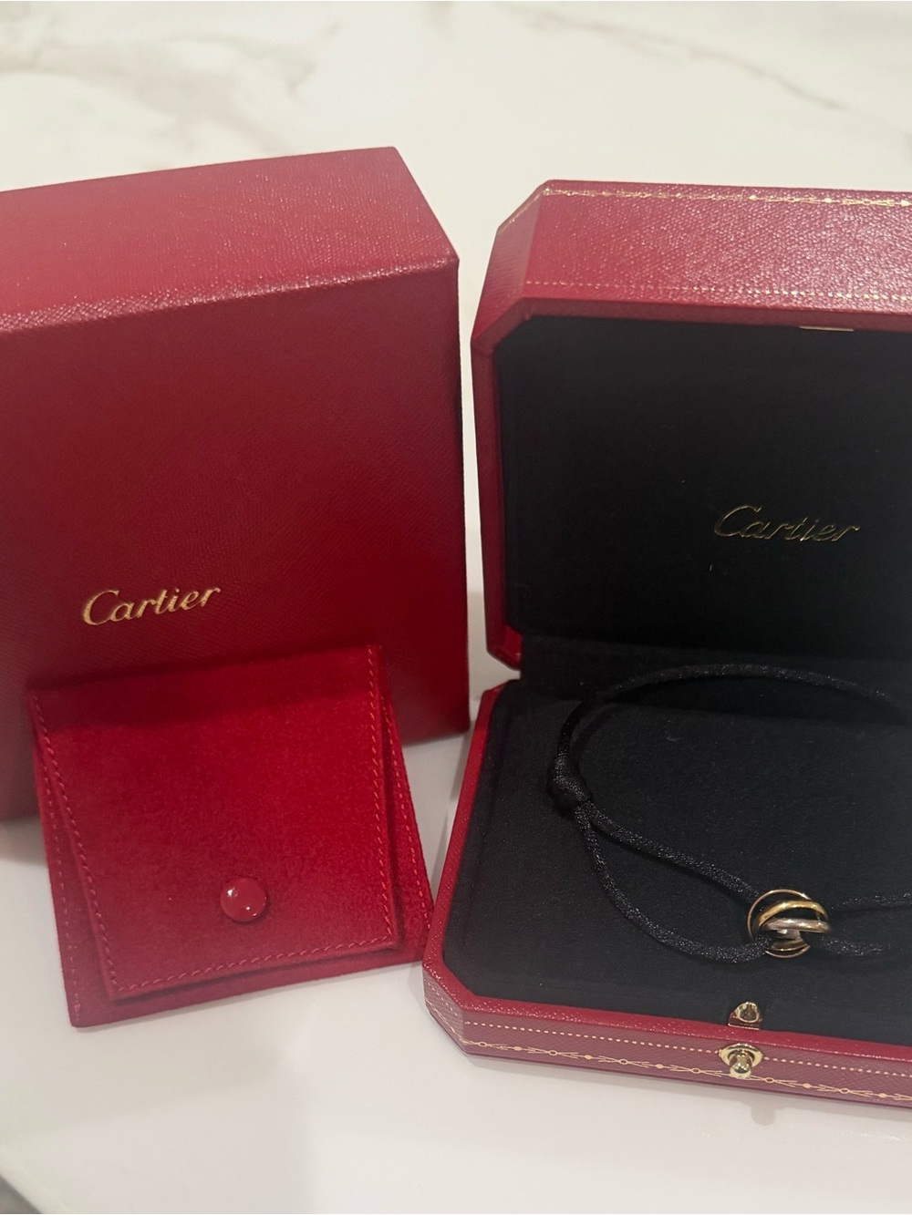 Cartier 3-Ring Trinity Bracelet with Black Cord